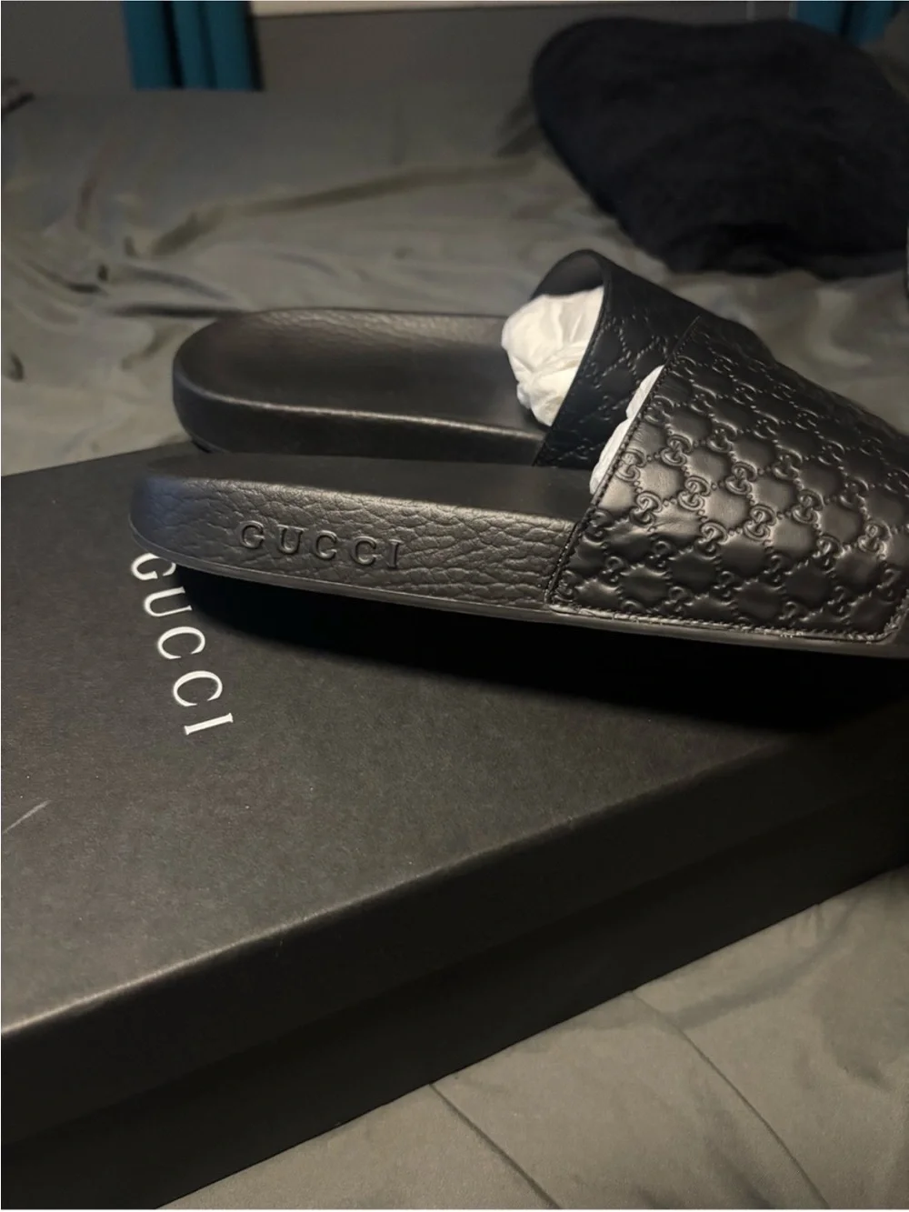 Gucci Black Embossed GG Slide Sandals - Men's US Size. 7